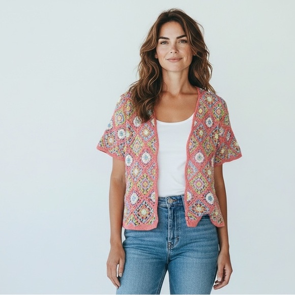 Bfa Classics Sweaters - BFA Classic Vintage Pink Crochet Granny Square Short Sleeve Sweater Women’s SZ M